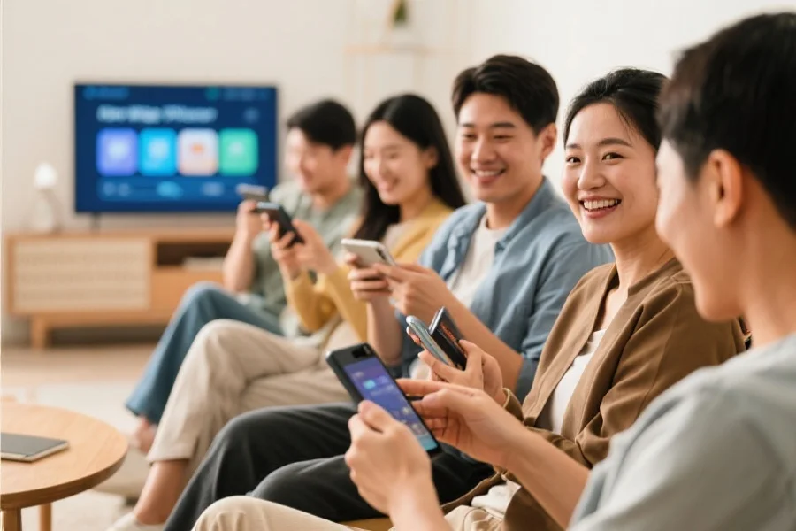 一群用户在舒适的环境中愉快地使用智能设备，体验数字娱乐平台的便利性与乐趣