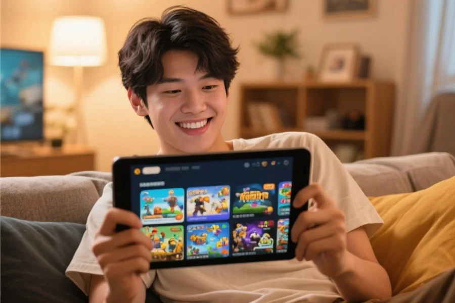 一位年轻玩家在舒适的家中通过平板电脑浏览各类线上游戏，面带微笑，场景温馨