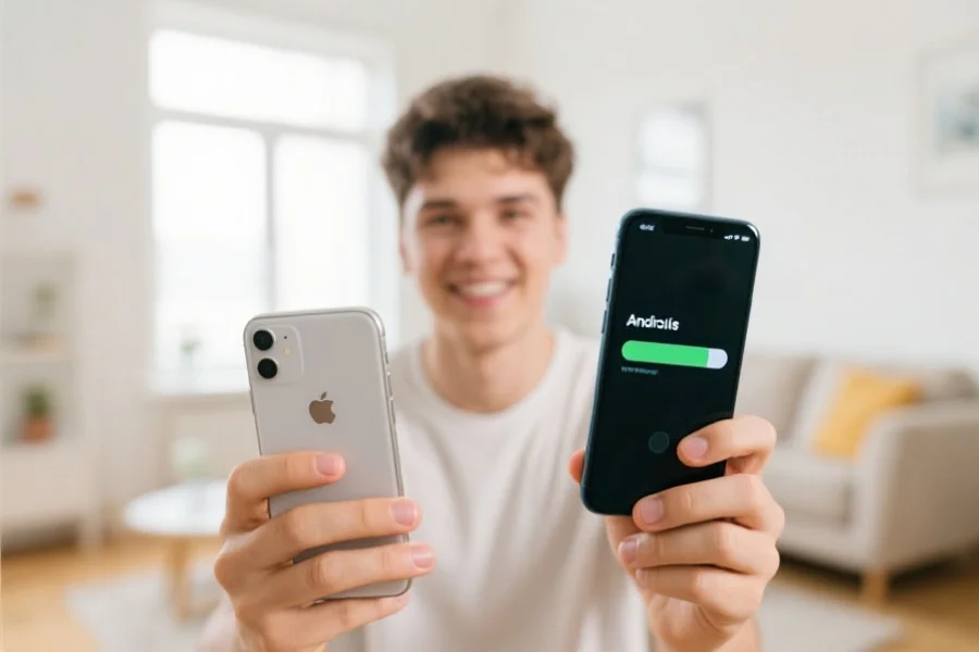 一位年轻用户手持iPhone和Android手机，屏幕上正显示应用安装进度条，背景为明亮的家居环境