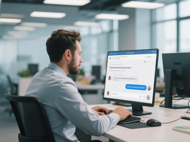 技术支持人员通过在线聊天协助用户解决网站访问问题，背景是现代办公室环境